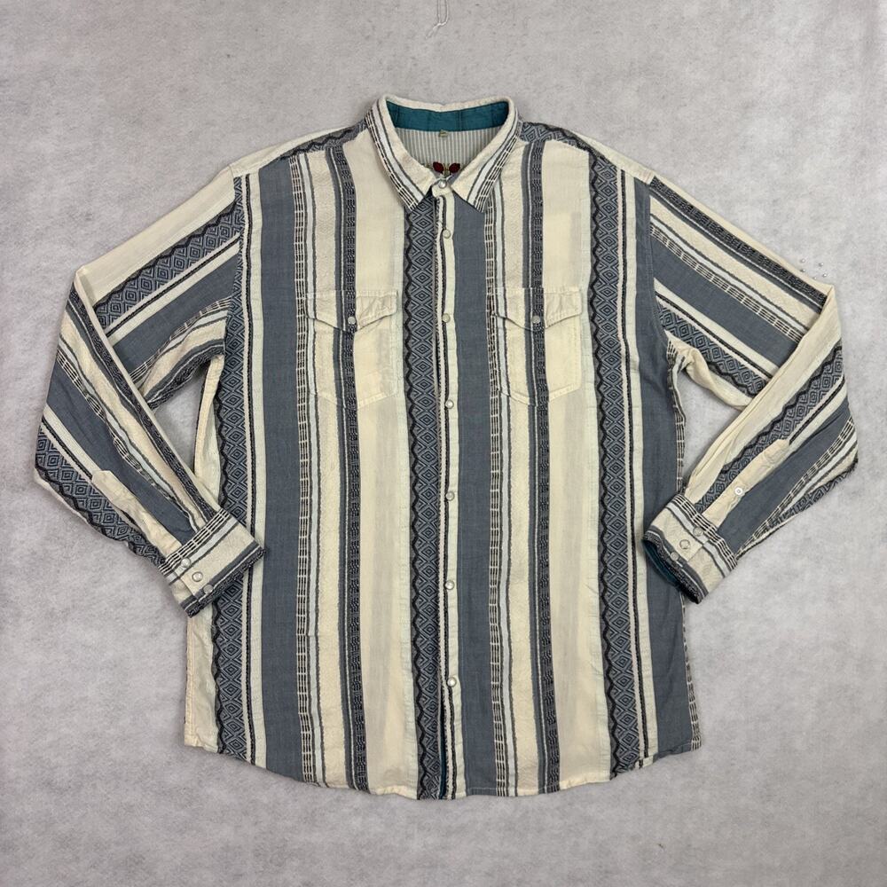 Scully Western Shirt Mens XXL Cream Chambray Dobby Striped Pearl Snap Embroidery